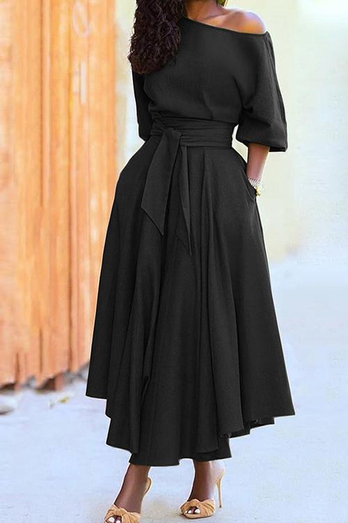 Half Sleeve Tie Waist Midi Pleated Dress Black