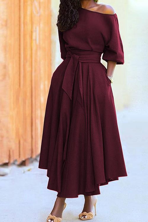 Half Sleeve Tie Waist Midi Pleated Dress Burgundy