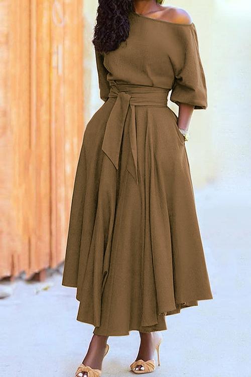 Half Sleeve Tie Waist Midi Pleated Dress Khaki