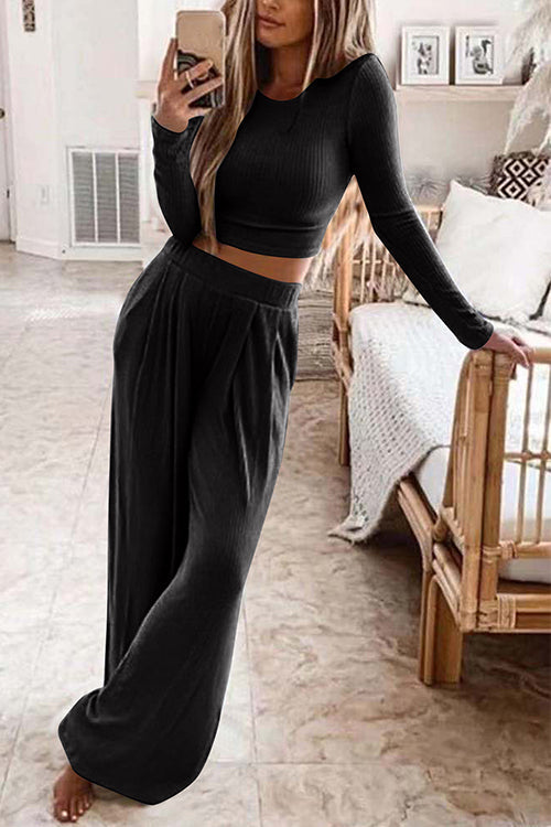 Rosiedress Long Sleeve Crop Top Elastic Waist Wide Leg Pants Set Black