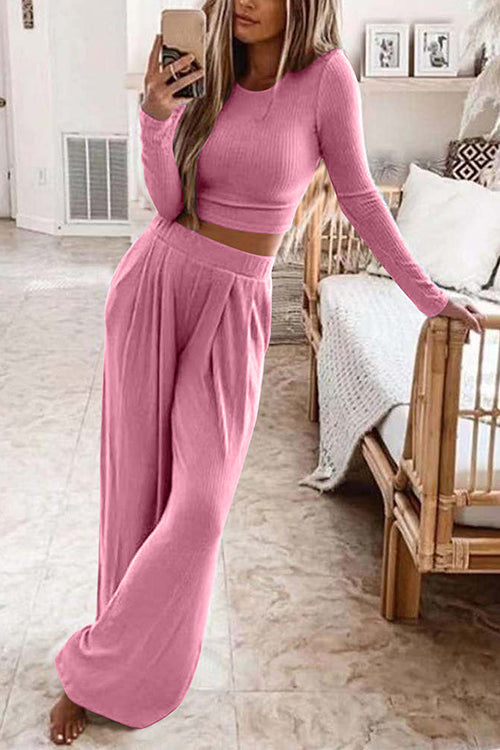 Rosiedress Long Sleeve Crop Top Elastic Waist Wide Leg Pants Set Pink