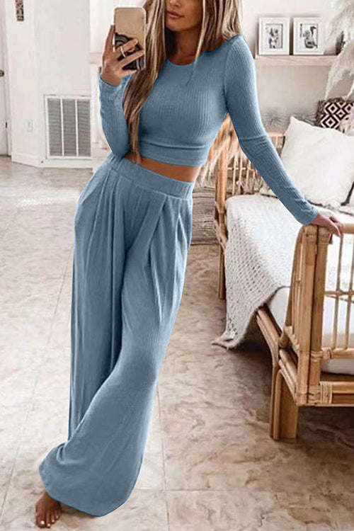 Rosiedress Long Sleeve Crop Top Elastic Waist Wide Leg Pants Set Blue