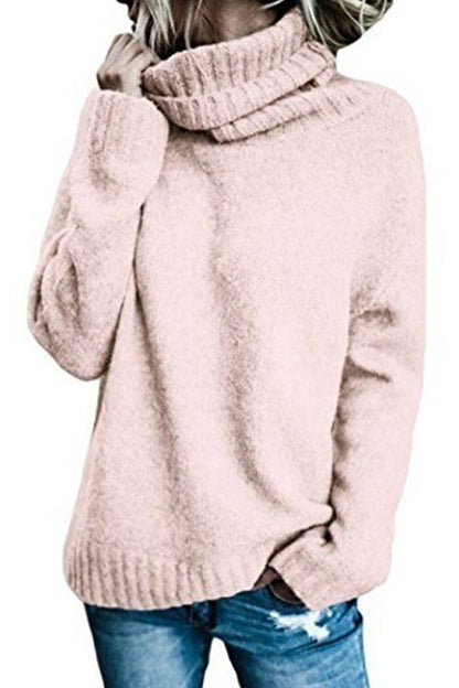 Turtleneck Side Split Solid Casual Sweater Pink