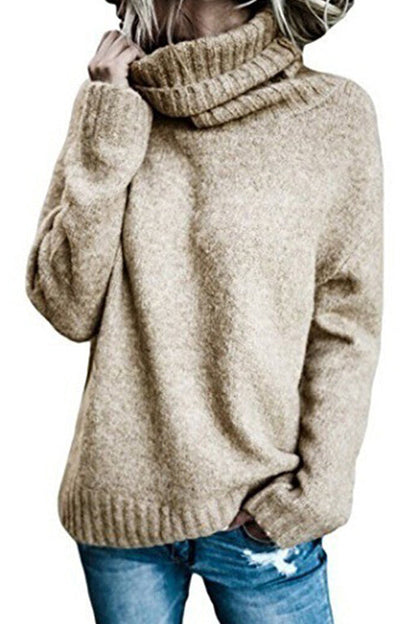 Turtleneck Side Split Solid Casual Sweater Khaki