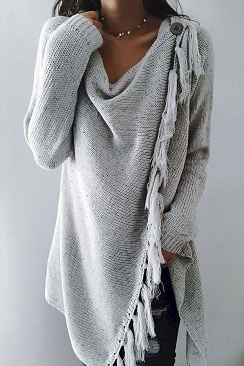 Rosiedress Tassel Hem Open Front Cardigan Pullover LightGray