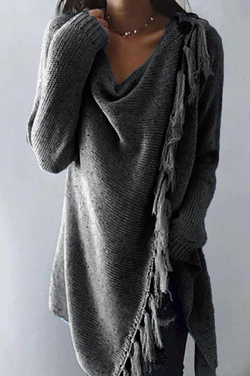 Tassel Hem Open Front Cardigan Pullover Black