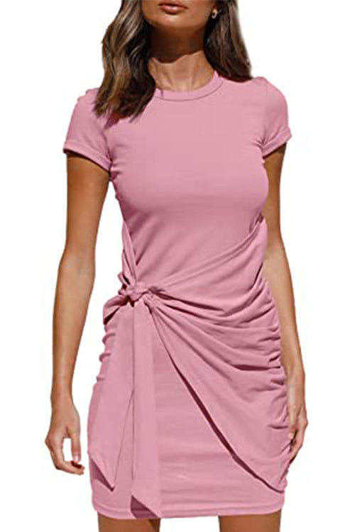 Crewneck Short Sleeve Tie Knot Waist Dress Pink