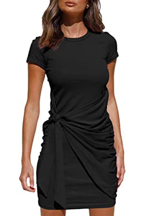 Crewneck Short Sleeve Tie Knot Waist Dress Black