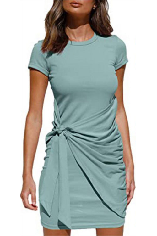 Rosiedress Crewneck Short Sleeve Tie Knot Waist Dress BlueGreen