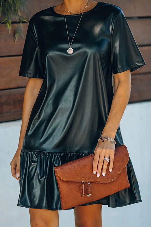 Rosiedress Short Sleeve Faux Leather Ruffle Club Dress Black