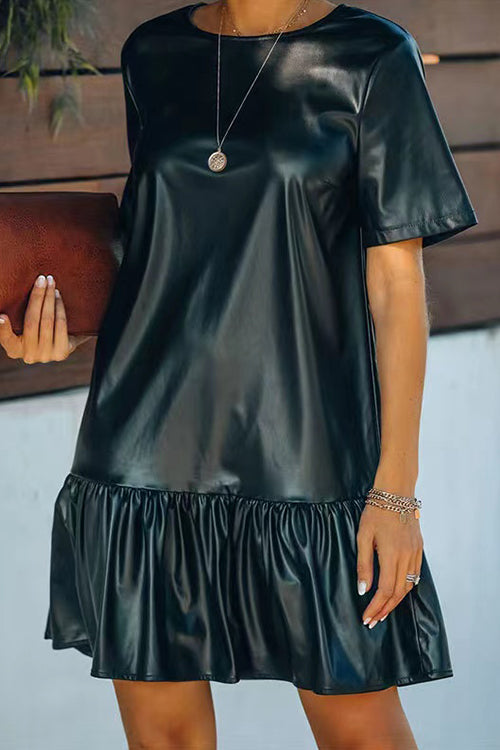 Rosiedress Short Sleeve Faux Leather Ruffle Club Dress