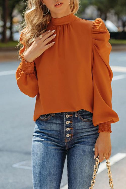 Rosiedress Mockneck Ruffle Puff Sleeve Blouse Top Orange