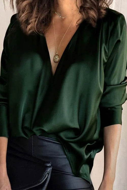 Rosiedress Solid V Neck Long Sleeve Blouse Top Green