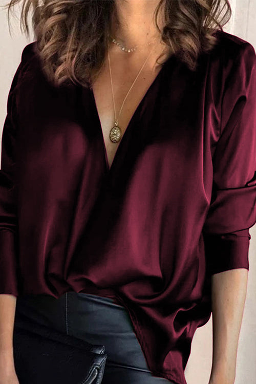 Solid V Neck Long Sleeve Blouse Top Burgundy