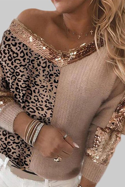 V Neck Leopard Sequin Splice Sweater Khaki