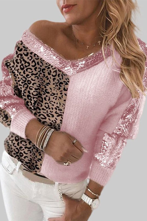 Rosiedress V Neck Leopard Sequin Splice Sweater Pink