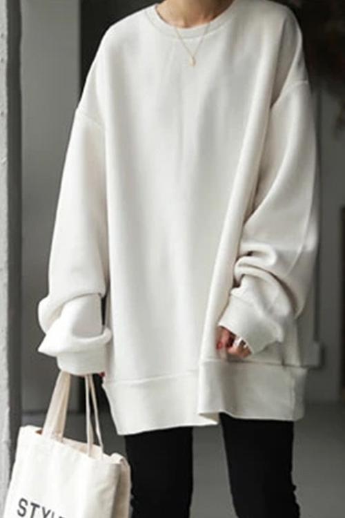 Crewneck Long Sleeve Oversized Solid Sweatshirt White