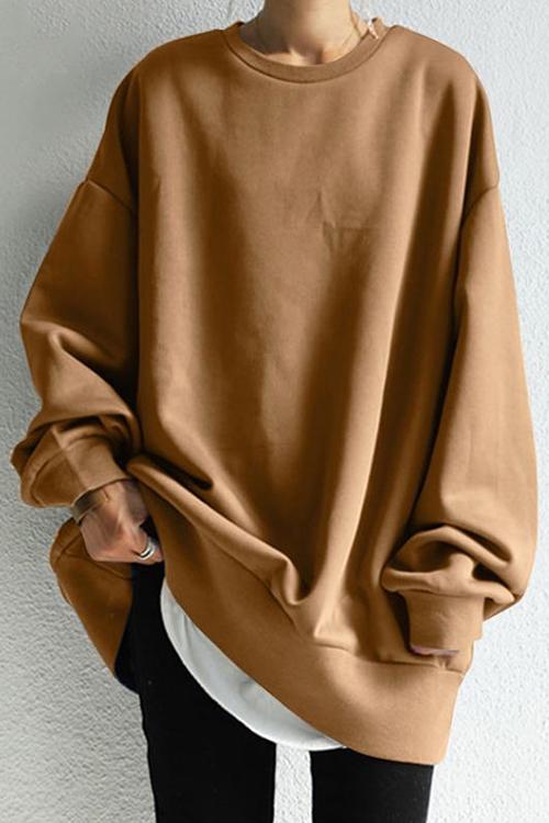 Crewneck Long Sleeve Oversized Solid Sweatshirt Brown