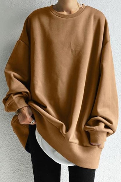 Crewneck Long Sleeve Oversized Solid Sweatshirt Brown