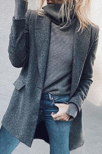 Lapel Button Up Pockets Midi Outwear Gray