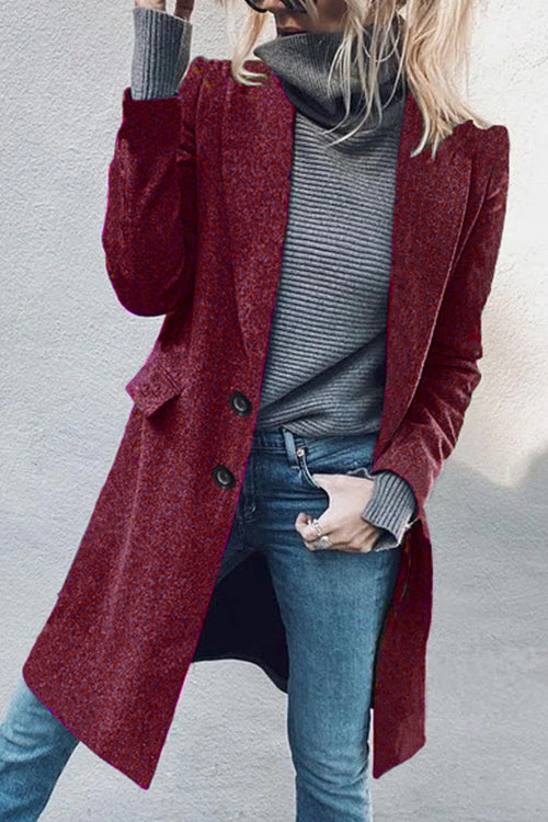 Lapel Button Up Pockets Midi Outwear Burgundy