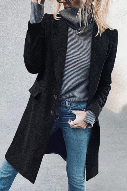 Lapel Button Up Pockets Midi Outwear Black