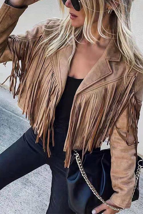 Rosiedress Tassel Long sleeve Open Front Short Coat Brown