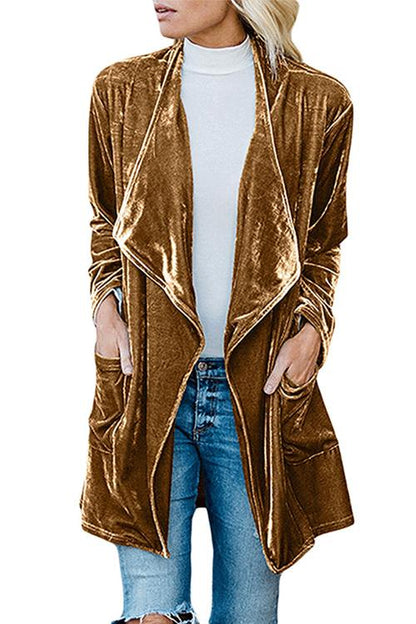 Open Front Long Sleeve Pockets Velvet Coat Yellow