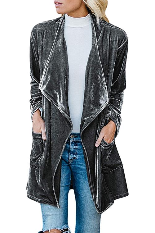 Open Front Long Sleeve Pockets Velvet Coat Gray