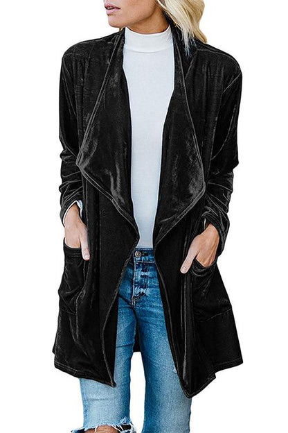 Open Front Long Sleeve Pockets Velvet Coat Black