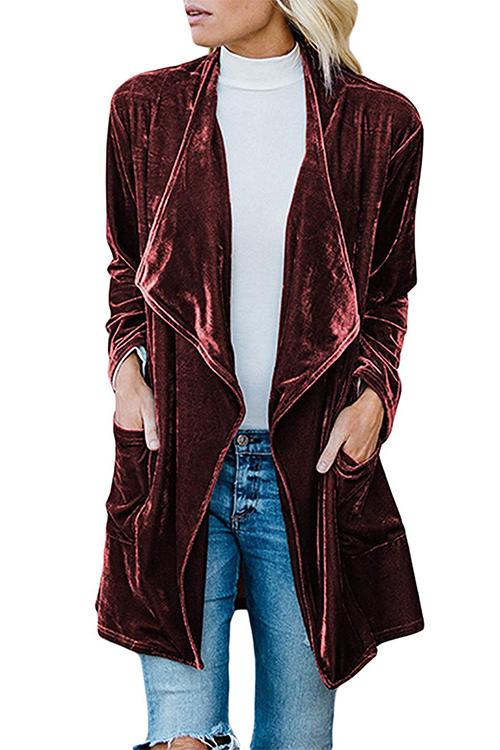 Rosiedress Open Front Long Sleeve Pockets Velvet Coat Burgundy