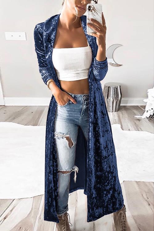 Rosiedress Lapel Open Front Cozy Velvet Cardigan Blue