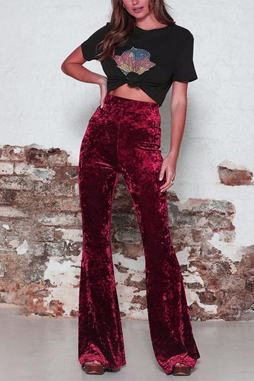 Rosiedress Elastic Waist Bell Bottoms Velvet Pants Burgundy