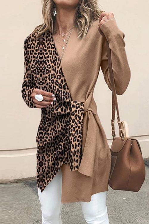 Rosiedress V Neck Leopard Splice Wrapped Outwear Khaki