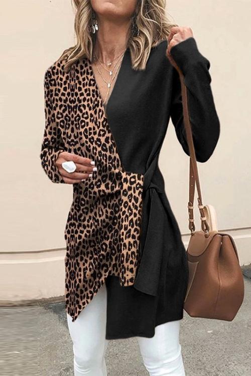 V Neck Leopard Splice Wrapped Outwear Black