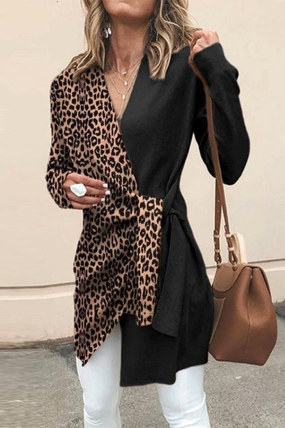 V Neck Leopard Splice Wrapped Outwear Black
