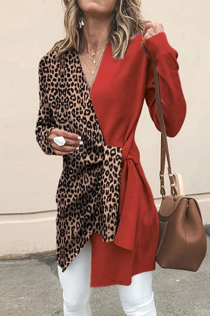 V Neck Leopard Splice Wrapped Outwear Red