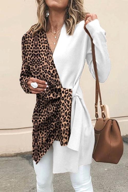 Rosiedress V Neck Leopard Splice Wrapped Outwear White