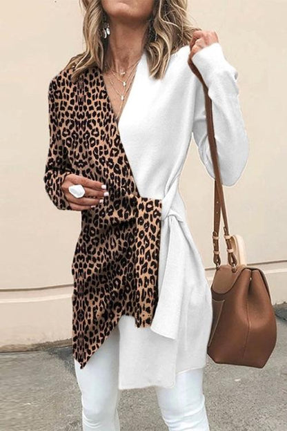 V Neck Leopard Splice Wrapped Outwear White