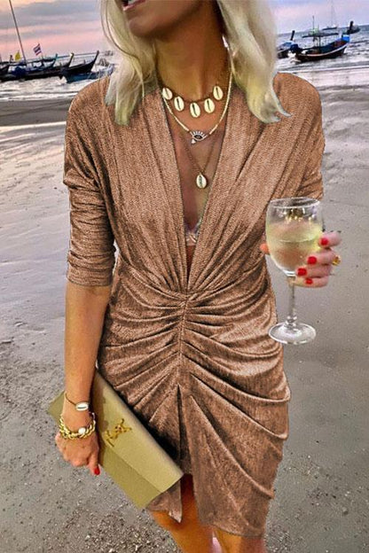 Deep V Neck Long Sleeve Ruched Glitter Dress RoseGold