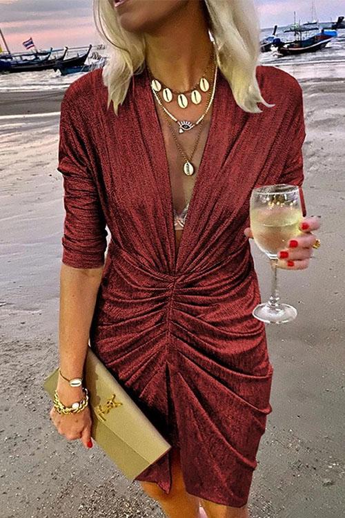 Deep V Neck Long Sleeve Ruched Glitter Dress Burgundy