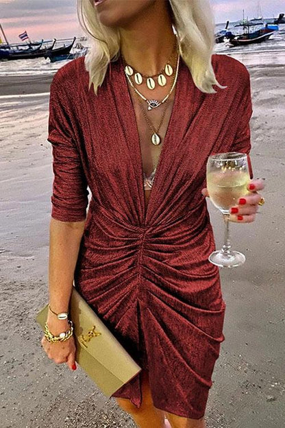 Deep V Neck Long Sleeve Ruched Glitter Dress Burgundy