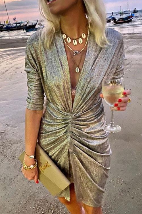 Deep V Neck Long Sleeve Ruched Glitter Dress Gold
