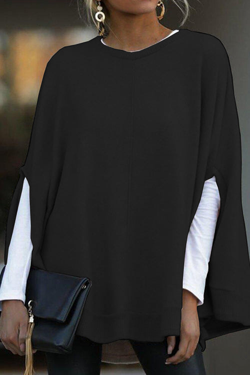 Crewneck Batwing Sleeve Cloak Top Black