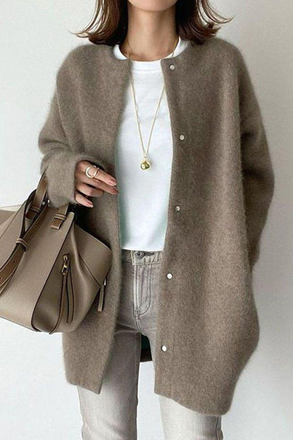 Crewneck Button Down Solid Outwear Coffee