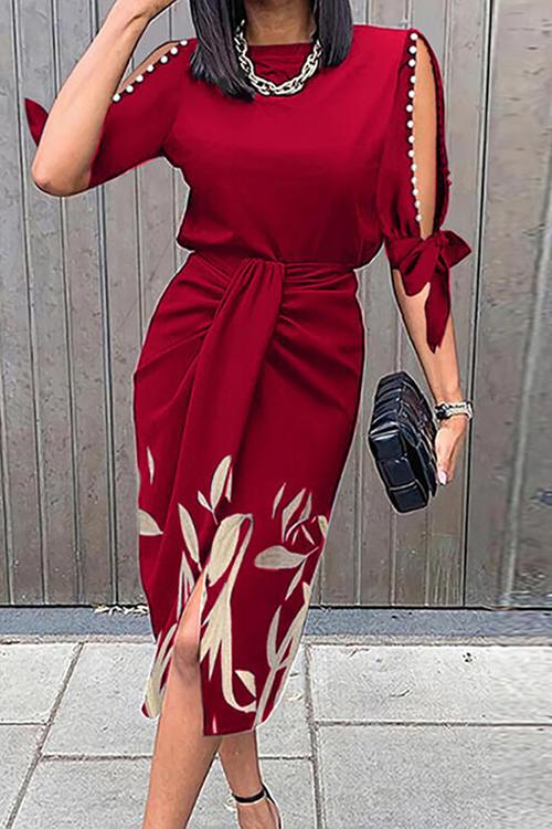 Rosiedress Hollow Out Half Sleeve Slit Printed Dress Red