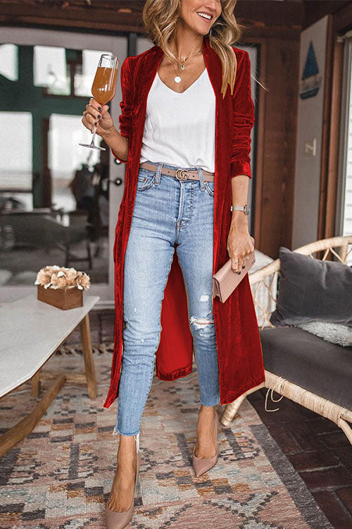 Stylish Lapel Open Front Long Sleeve Velvet Coat Red