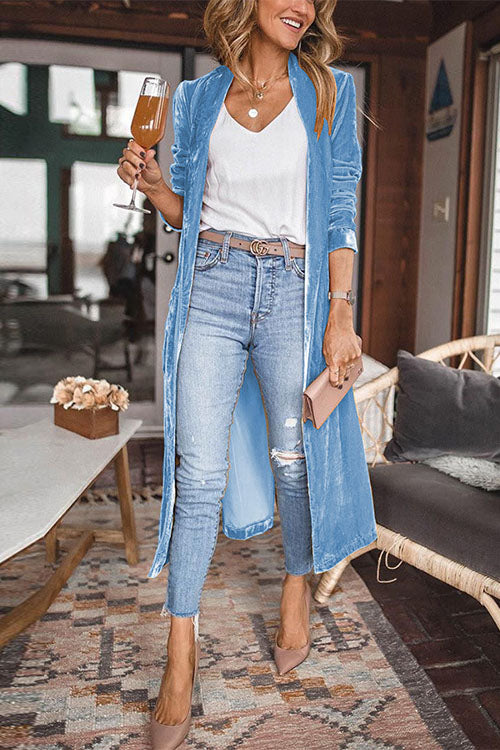 Stylish Lapel Open Front Long Sleeve Velvet Coat LightBlue