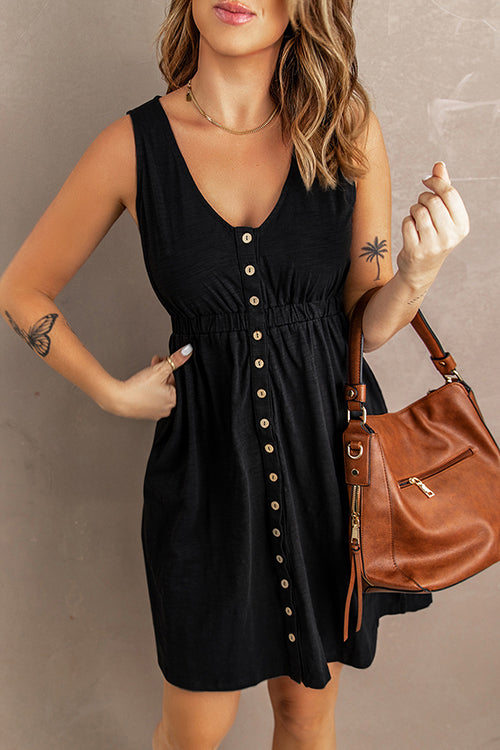 V Neck Button Down Sleeveless Waisted Dress