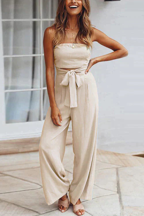 Rosiedress Off Shoulder Bow Tie Waist Wide Leg Jumpsuit Apricot